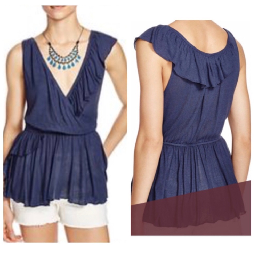 Free People Blue Ruffle Peplum V-neck Faux Wrap Top XS